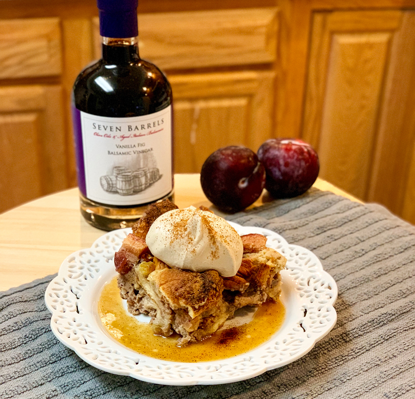 Plum Bread Pudding with Maple Butter Sauce and Spiced Vanilla Fig Whipped Cream