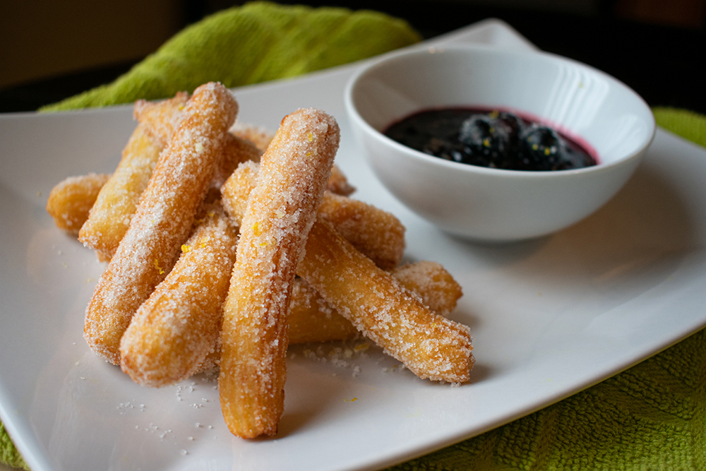 Lemon Churros with Blueberry Dipping Sauce